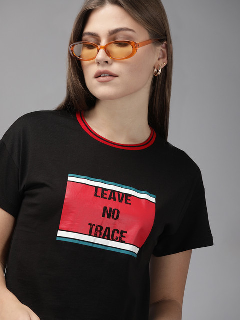 

Roadster Women Black Printed Round Neck T-shirt