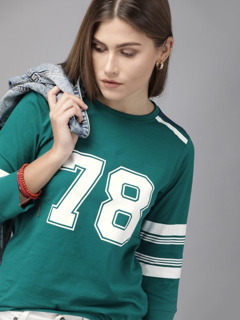 

Roadster Women Teal Varsity Printed Round Neck Pure Cotton T-shirt