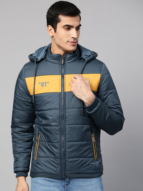 

Fort Collins Men Teal Blue & Mustard Yellow Solid Hooded Padded Jacket