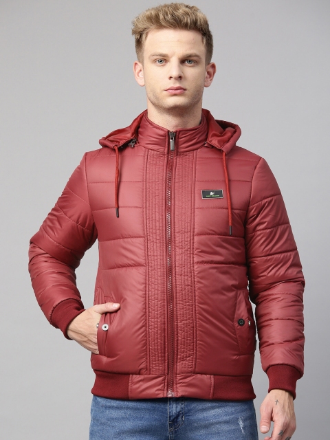 

Fort Collins Men Maroon Solid Hooded Bomber Jacket
