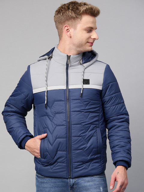 

Fort Collins Men Navy Blue & Grey Colourblocked Hooded Bomber Jacket