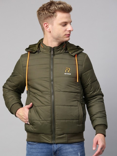 

Fort Collins Men Olive Green Solid Padded Jacket with Detachable Hood