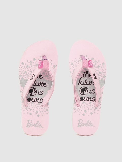 

toothlessby toothless Girls Pink & Silver-Toned Barbie & Typography Print Thong Flip-Flops