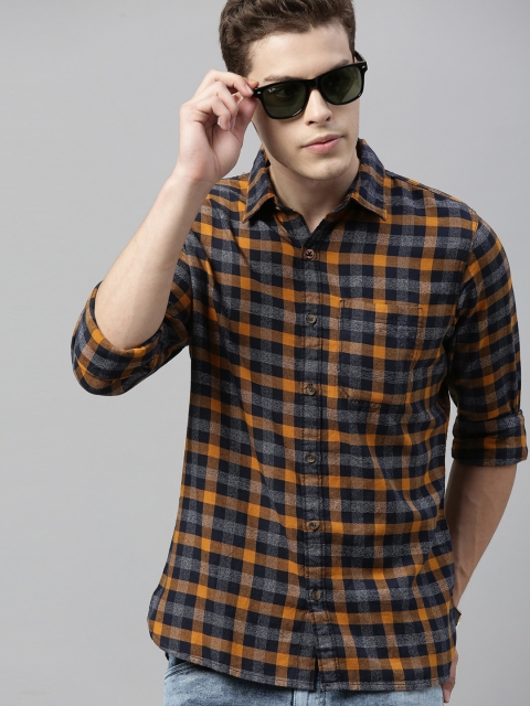 

WROGN Men Mustard Yellow & Black Slim Fit Checked Casual Shirt