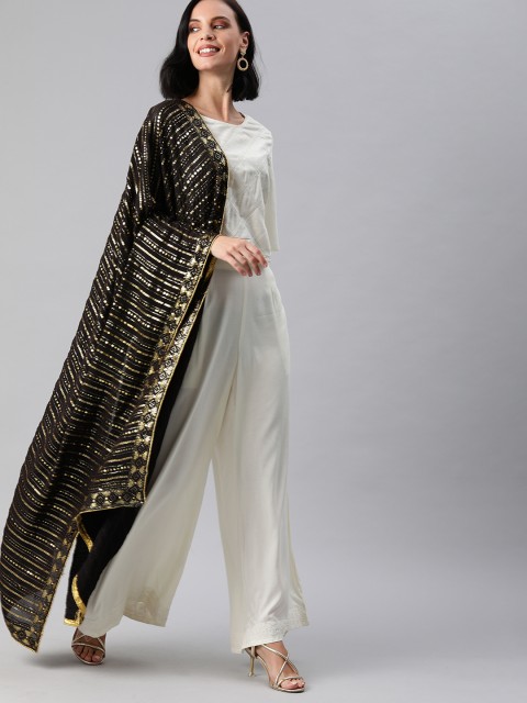 

Inddus Black & Gold-Toned Embroidered Dupatta
