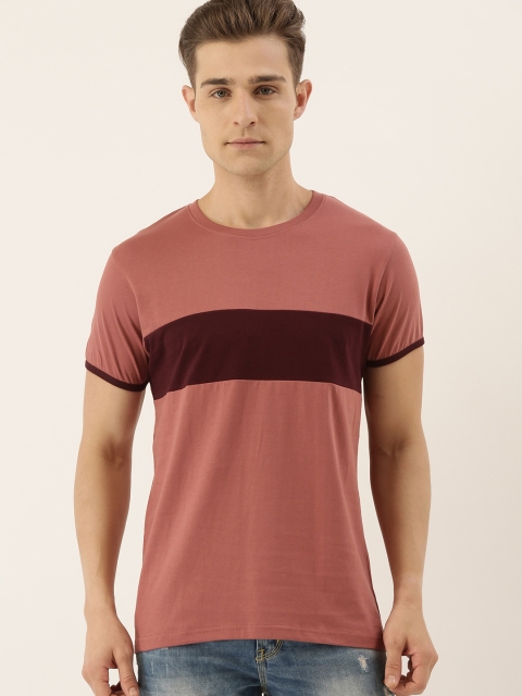 

DILLINGER Men Coral Pink Maroon Colourblocked Round Neck Pure Cotton T-shirt
