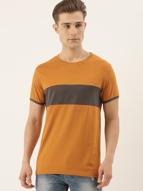

DILLINGER Men Mustard Yellow Brown Colourblocked Round Neck Pure Cotton T-shirt