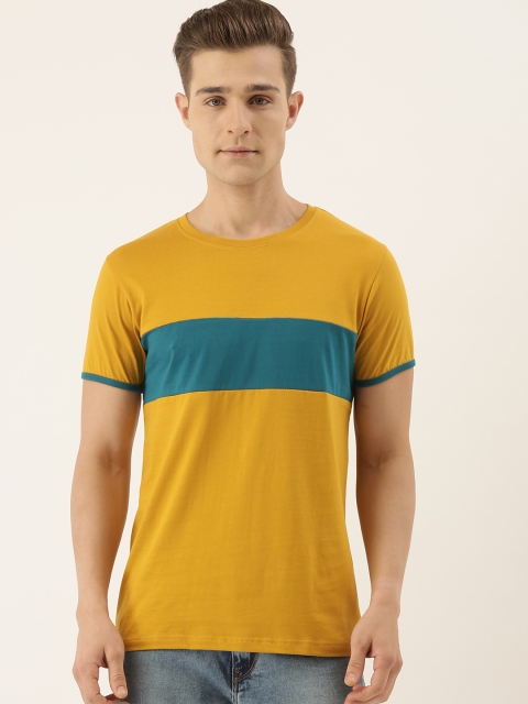 

DILLINGER Men Mustard Yellow Teal Blue Colourblocked Round Neck Pure Cotton T-shirt