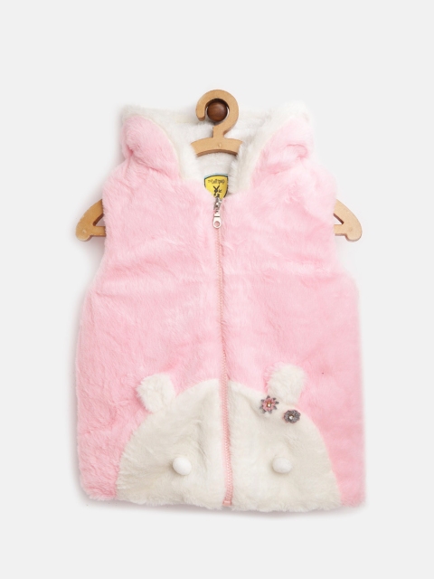

Lil Lollipop Girls Pink & White Colourblocked Faux Fur Hooded Jacket