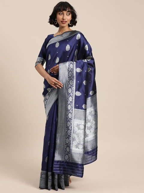 

Globon Impex Navy Blue Silk Blend Woven Design Banarasi Saree