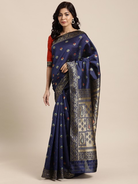 

Globon Impex Navy Blue Silk Blend Woven Design Banarasi Saree