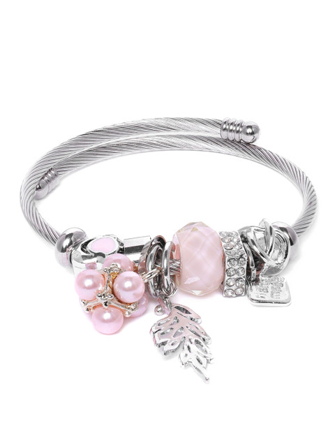 

Peora Women Silver-Toned & Pink Murano Glass Crystal Adjustable Charm Bracelet