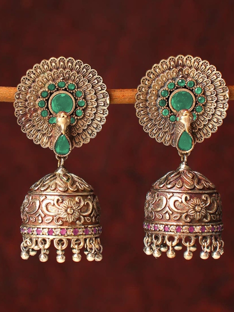 

Peora Green & Silver-Toned Silver Plated Dome Shaped Jhumkas