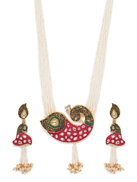 

Peora Red Gold Plated Meenakari Peacock Pearl Studded Jewelry Set, Multi