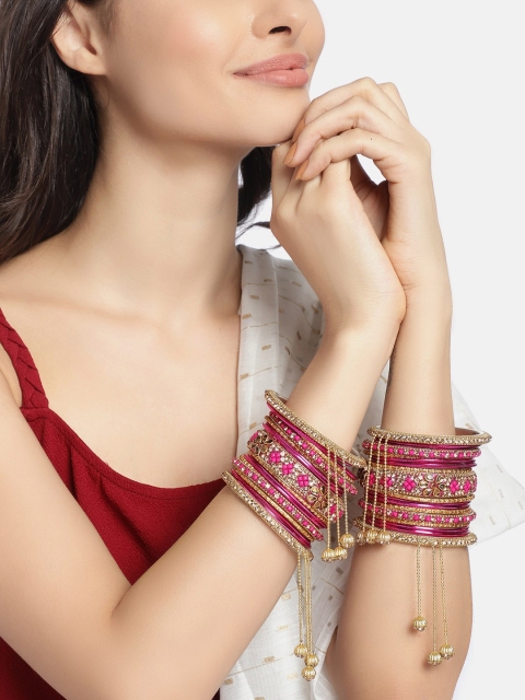 

Peora Gold Plated & Pink Stone Studded Chura Chuda Bangle Set with Hangings