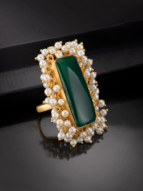 

Peora Green & White Gold-Plated Pearl Handcrafted Adjustable Finger Ring
