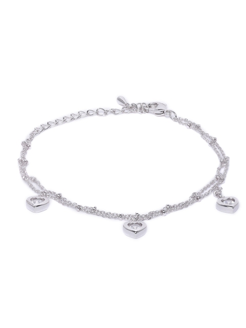 

Peora Silver-Plated Cubic Zirconia Studded Link Chain Heart Charm Adjustable Anklet