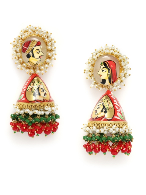 

Peora Red & Green Gold-Plated Handcrafted Enamelled Kundan Dome Shaped Jhumkas