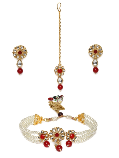 Peora Gold Plated & Maroon Kundan Jewellery Set