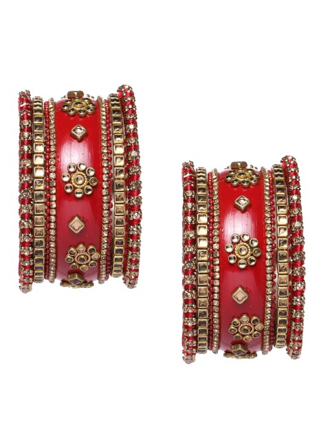

Peora Red Gold Plated Kundan Chuda Chura Bangle Set