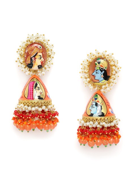 

Peora Gold-Toned & Orange Enamelled Dome Shaped Radha Krishna Jhumkas