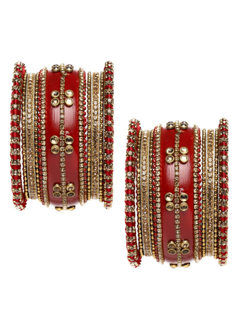 

Peora Set Of 18 Gold-Plated Red Kundan Studded Floral Silk Thread Chuda Bangle Set