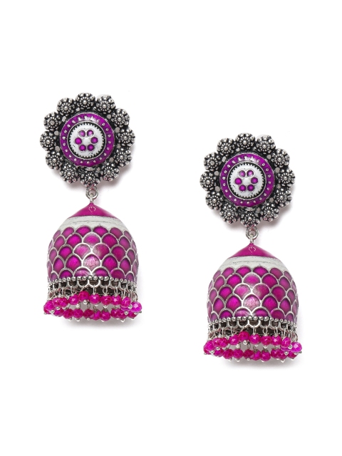 

Peora Magenta & Silver-Toned Silver Plated Dome Shaped Jhumkas