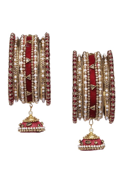 Peora Maroon Gold Plated Kundan Silk Thread Chuda Chura Bangle Set