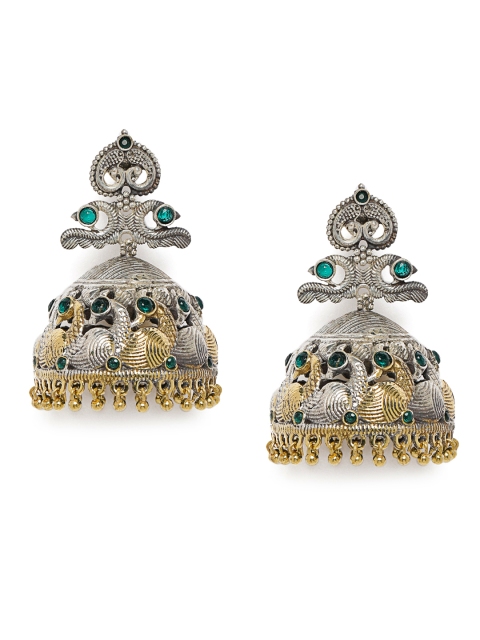 

Peora Oxidised Green & Gold-Toned Silver-Plated Afghani Tribal Dome Shaped Jhumkas