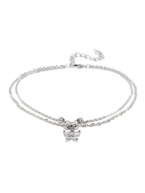 

Peora Silver-Plated Dual-Stranded Cubic Zirconia Studded Adjustable Butterfly Charm Anklet