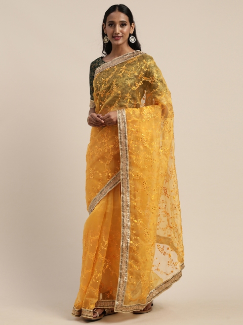 

Tikhi Imli Mustard Yellow Embroidered & Embellished Organza Saree