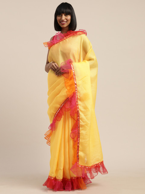 

Tikhi Imli Yellow Solid Jute Cotton Ruffled Saree