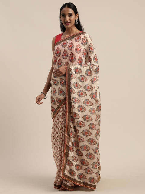 

Tikhi Imli Beige & Red Poly Crepe Printed Saree