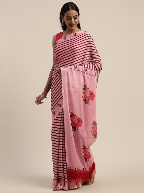 

Tikhi Imli Pink & Brown Poly Crepe Striped Saree