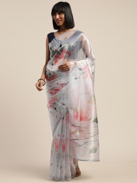 

Tikhi Imli Grey & Pink Organza Floral Printed Saree