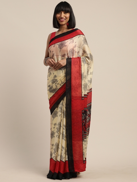 

Tikhi Imli Cream-Coloured & Grey Poly Crepe Printed Saree