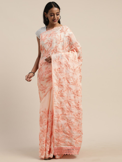 

Tikhi Imli Peach-Coloured Embroidered Jute Cotton Saree