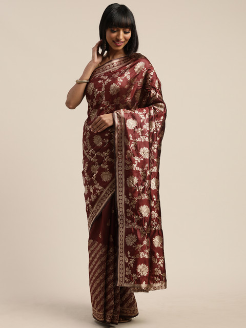 

Tikhi Imli Maroon & Golden Poly Silk Woven Design Saree