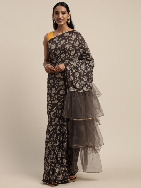 

Tikhi Imli Charcoal Grey Printed Poly Crepe Saree with Ruffle Pallu