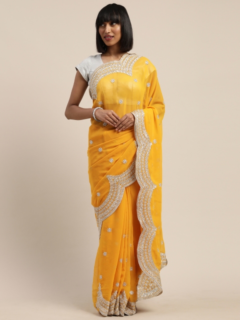 

Tikhi Imli Yellow & Silver-Coloured Poly Georgette Embroidered Saree