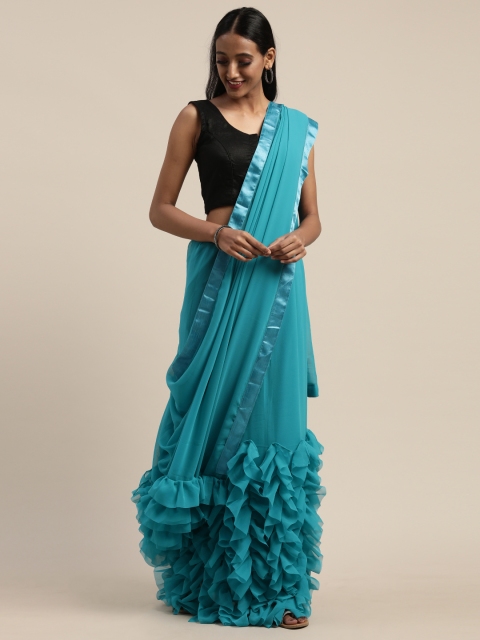 

Tikhi Imli Turquoise Blue Solid Poly Georgette Ruffled Saree