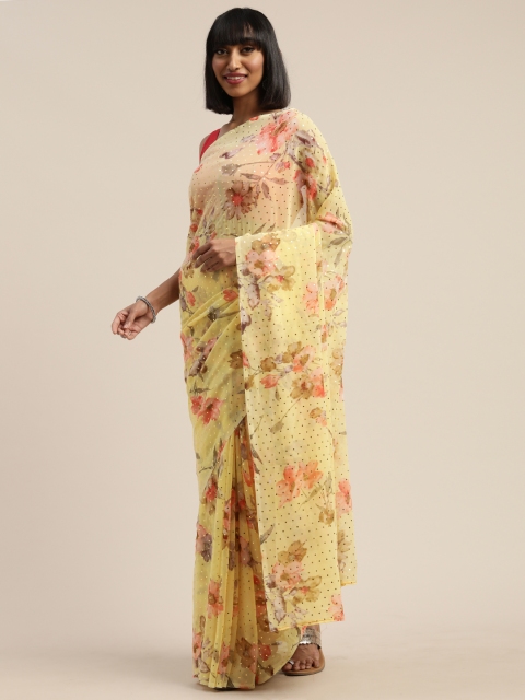 

Tikhi Imli Yellow & Peach-Coloured Poly Georgette Printed Saree