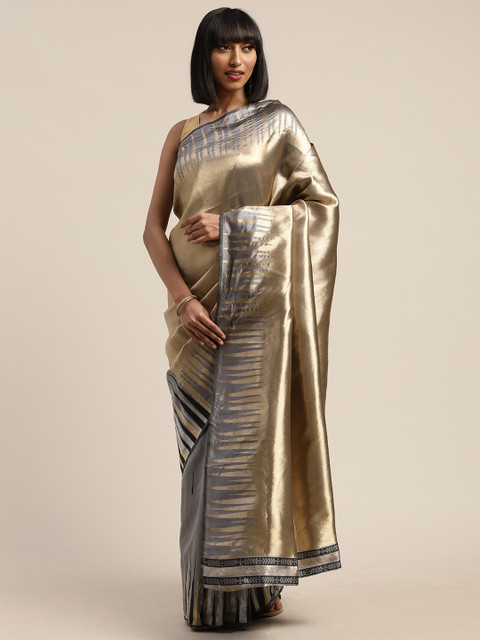 

Tikhi Imli Golden & Grey Poly Silk Solid Saree, Gold