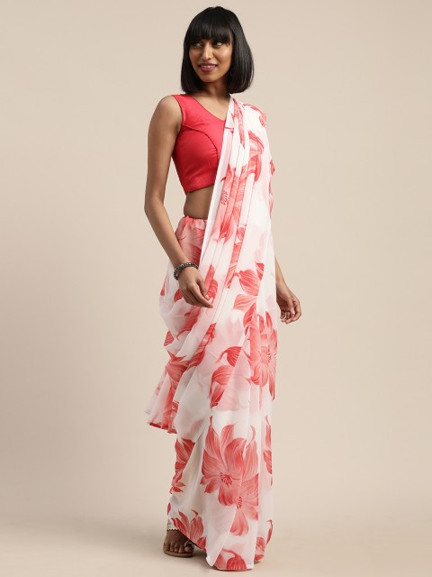 

Tikhi Imli Off-White & Red Poly Georgette Floral Printed Saree