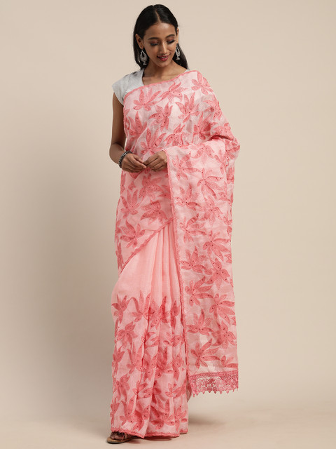 

Tikhi Imli Pink Embroidered Jute Cotton Saree