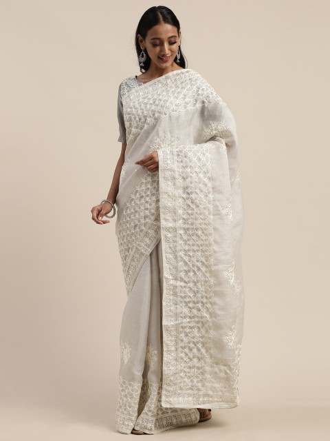 

Tikhi Imli Grey & White Jute Cotton Embellished & Embroidered Saree