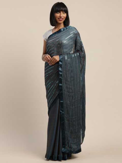 

Tikhi Imli Teal Blue Embellished Poly Crepe Saree