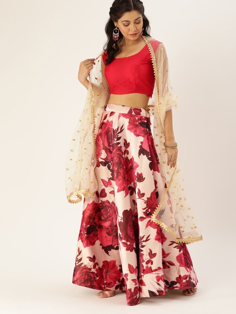 

LOOKNBOOK ART Red & Off-White Floral Printed Ready to Wear Lehenga & Blouse with Dupatta