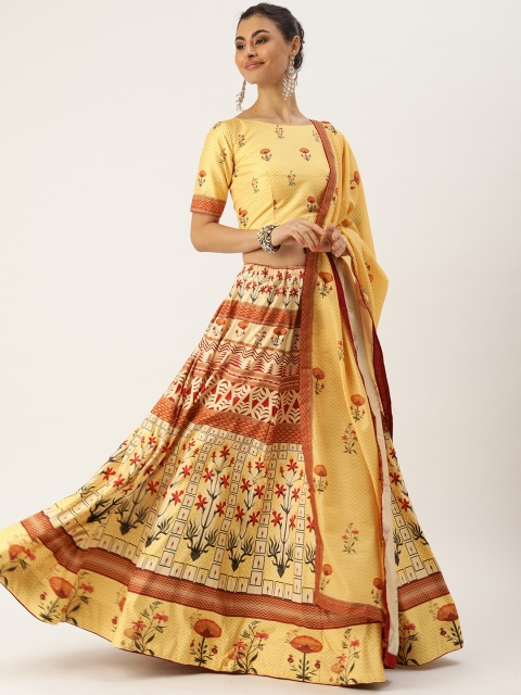 

LOOKNBOOK ART Yellow & Maroon Printed Ready to Wear Lehenga & Blouse with Dupatta