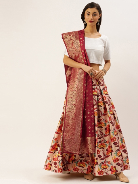 

LOOKNBOOK ART Maroon & Pink Printed Ready to Wear Lehenga & Blouse with Dupatta